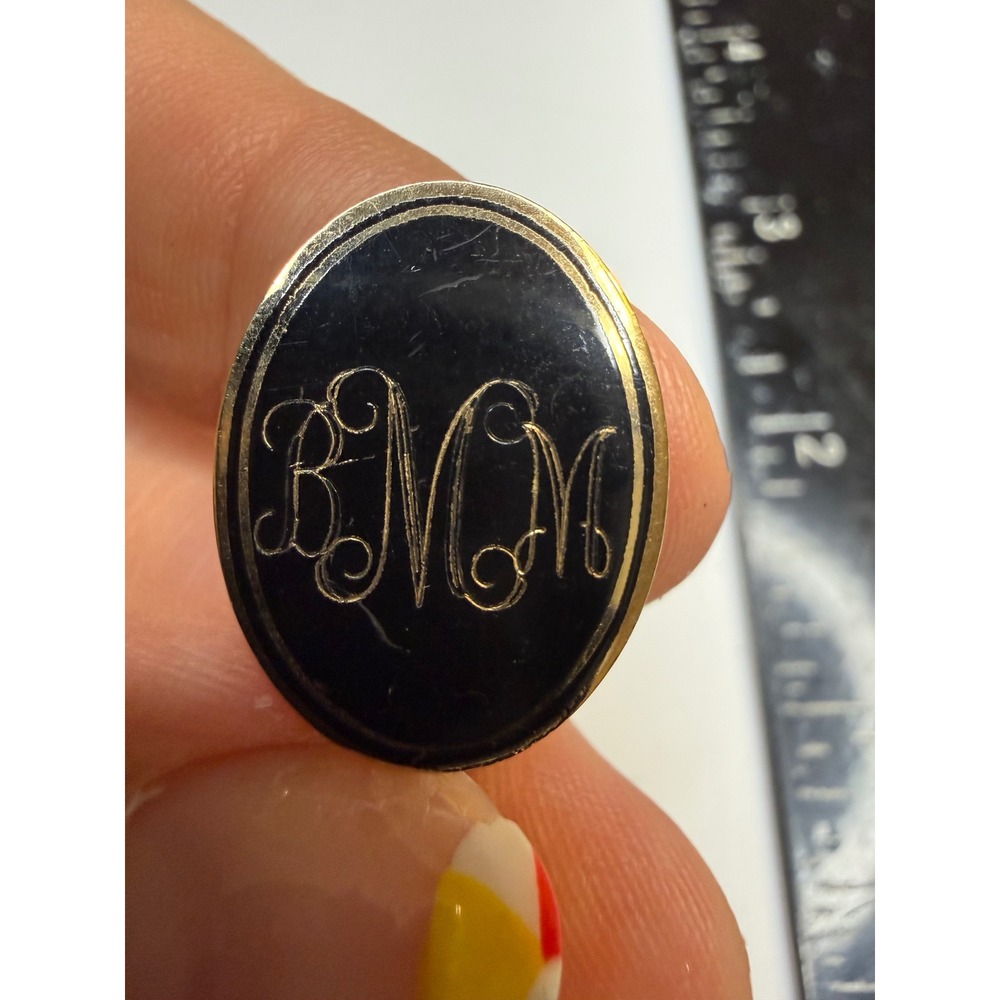 Vintage Gold Tone Monogram BMM Black Oval Stick Pin Lapel Scarf Hat Accessory